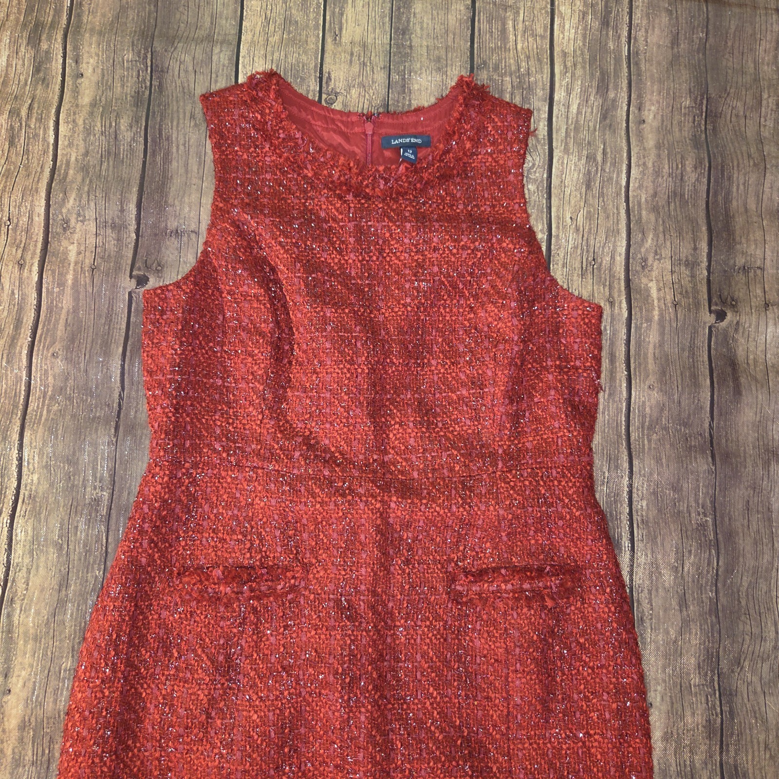 Lands’ End Womens Garnet Tweed Sheath Dress 12 Sleeveless Wool Blend Holiday