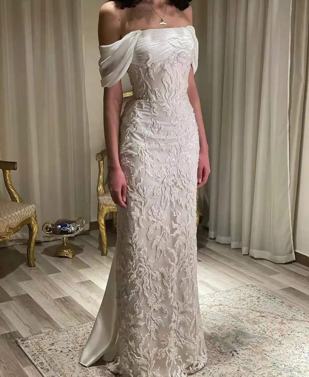 White Off The Shoulder Evening Dresses Beading Sequin Formal Party Dress