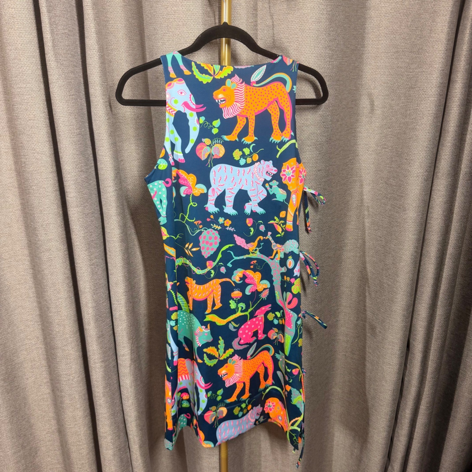 Gretchen Scott Navy Blue Jungle Animal Print Side Tie Shift Dress Womens Small