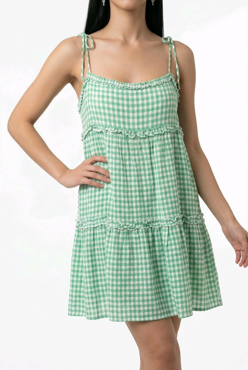 Rails “Caralyn” Tiered Gingham Mini Dress In The Colorway Basil Gingham M