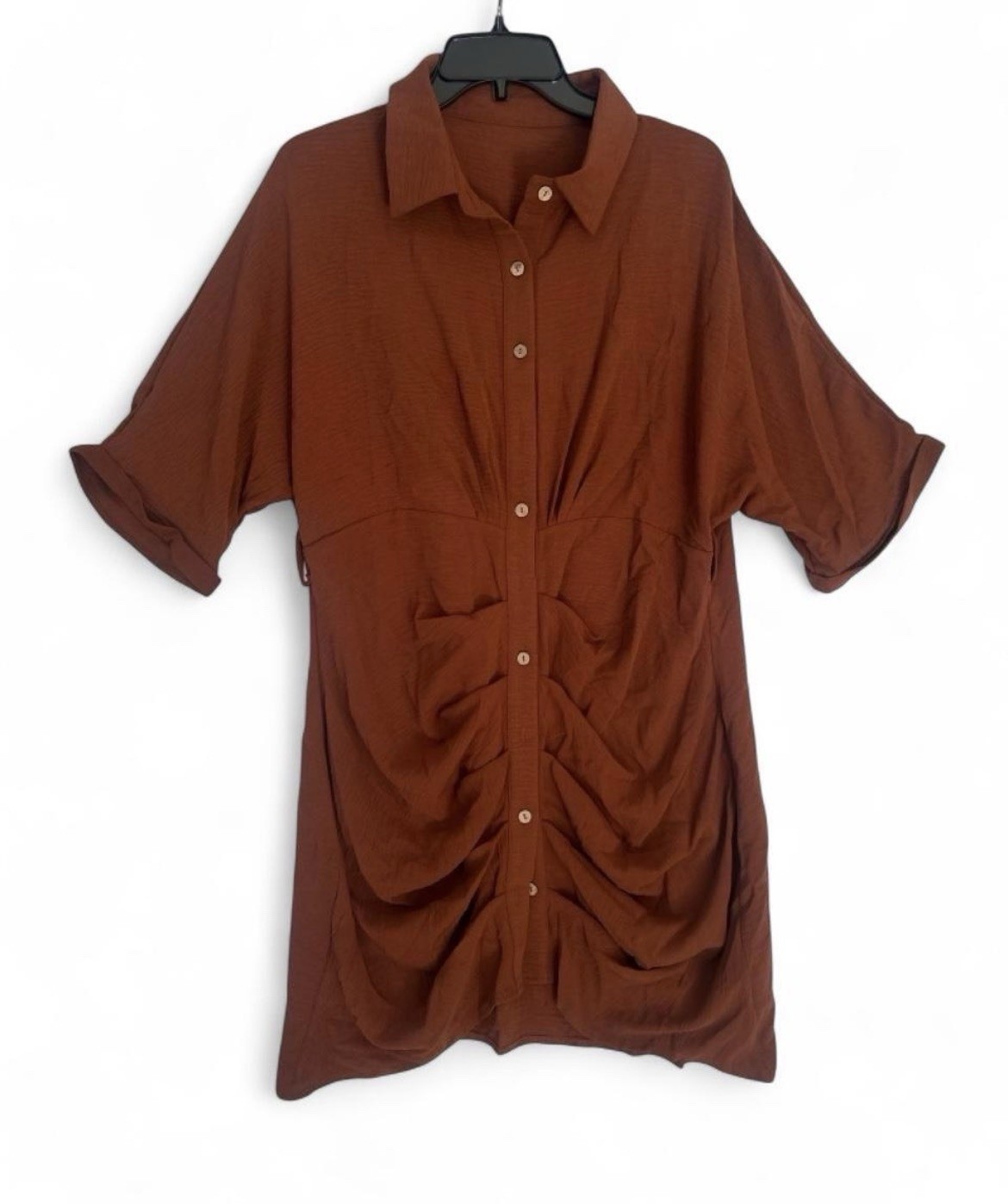 Plus Size Rust Color Button Up Shirt Dress with Ruched Detail. Size 1X. NWOT