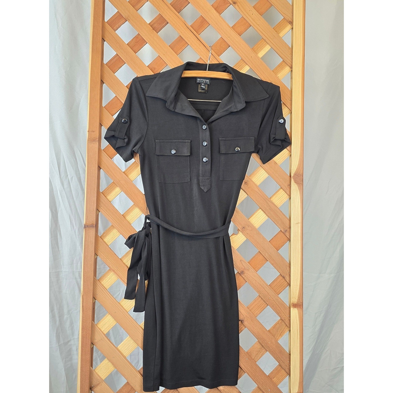 En Focus Studio Shirt Dress Womens 6 Black Short Sleeve Belted Safari -Excellent