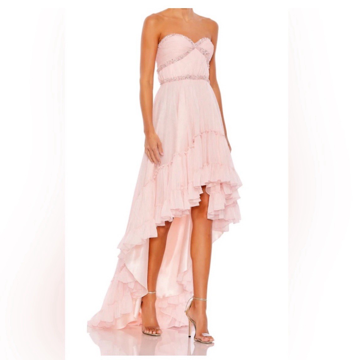 Mac Duggal Strapless Beaded Ruffle High Low Prom Gown in Ice Pink Sz 6 Princess