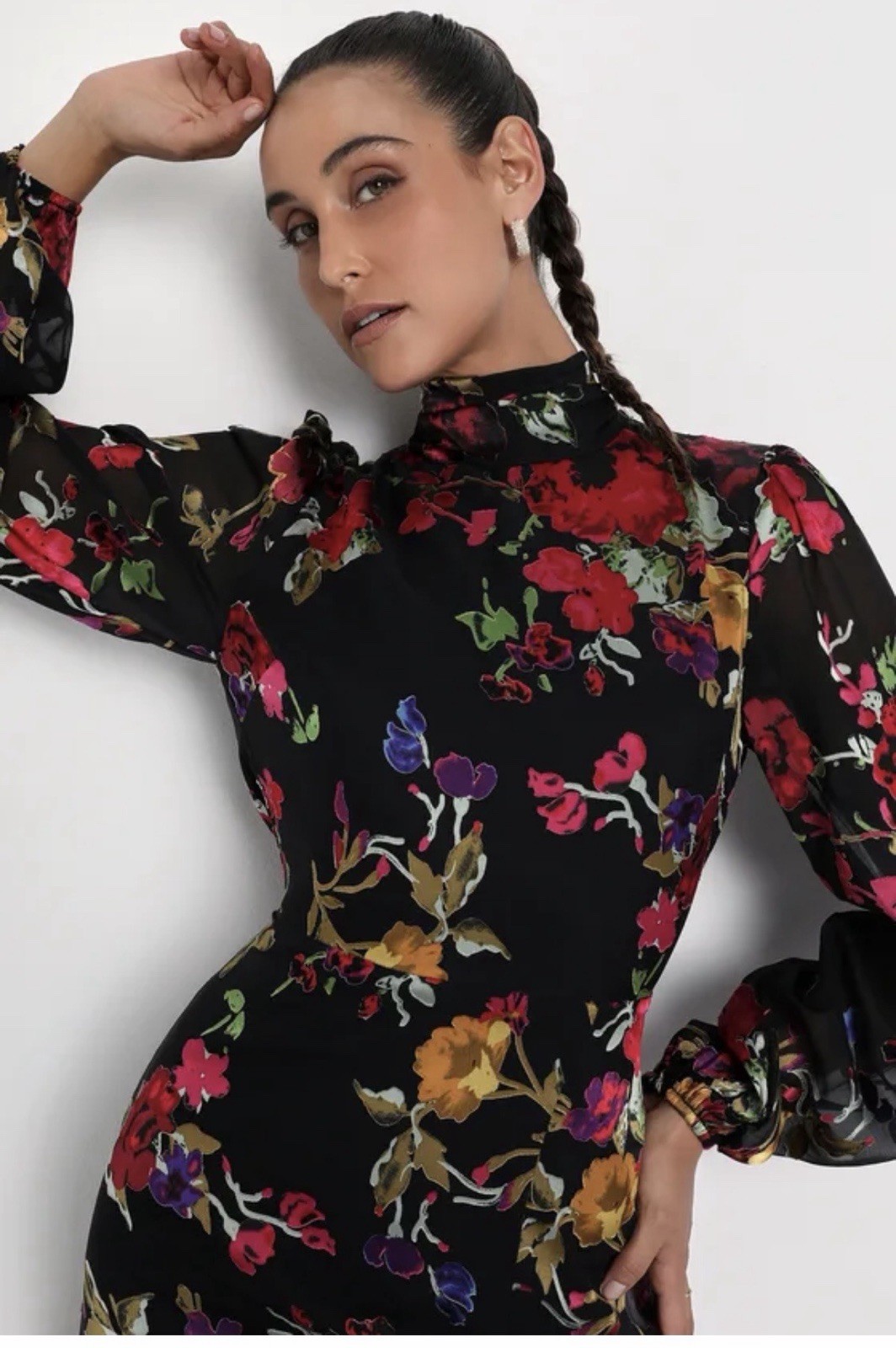 Lulus Floral Backless Maxi Dress L Mock Neck Long Sleeve Wedding Guest Formal