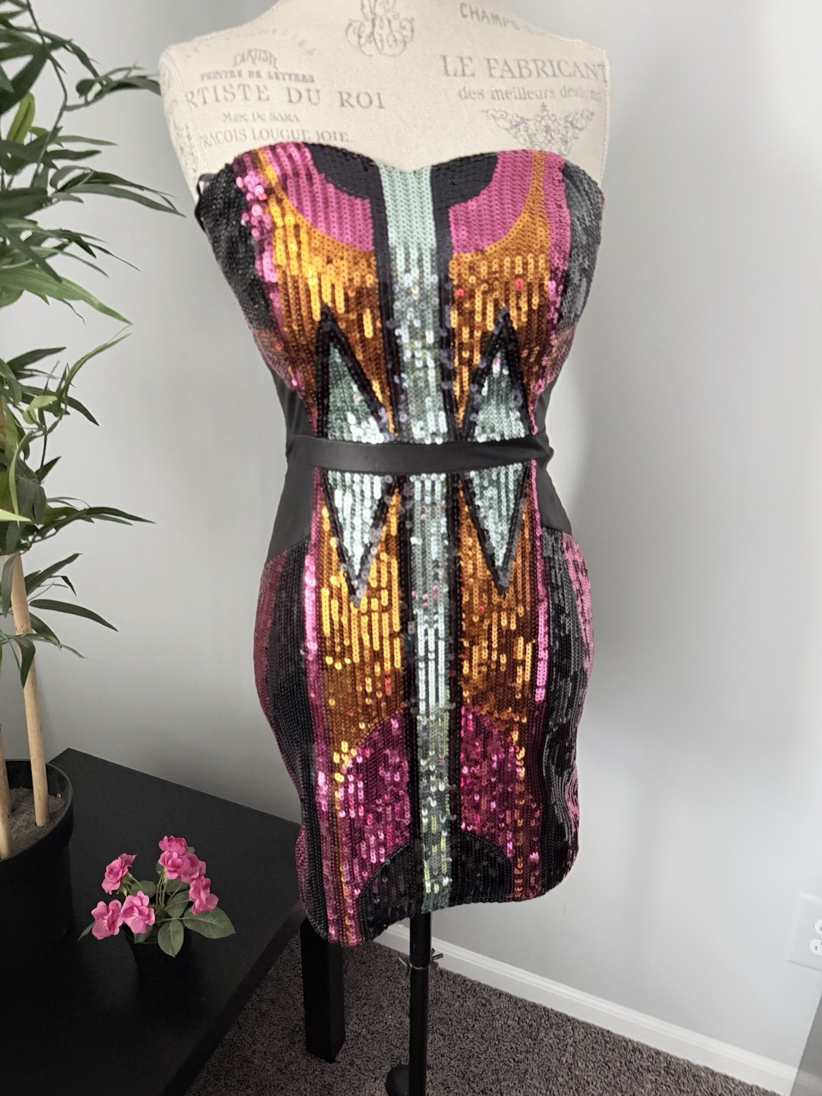 Bebe dress size small women vintage sequin glitter pink black short mini