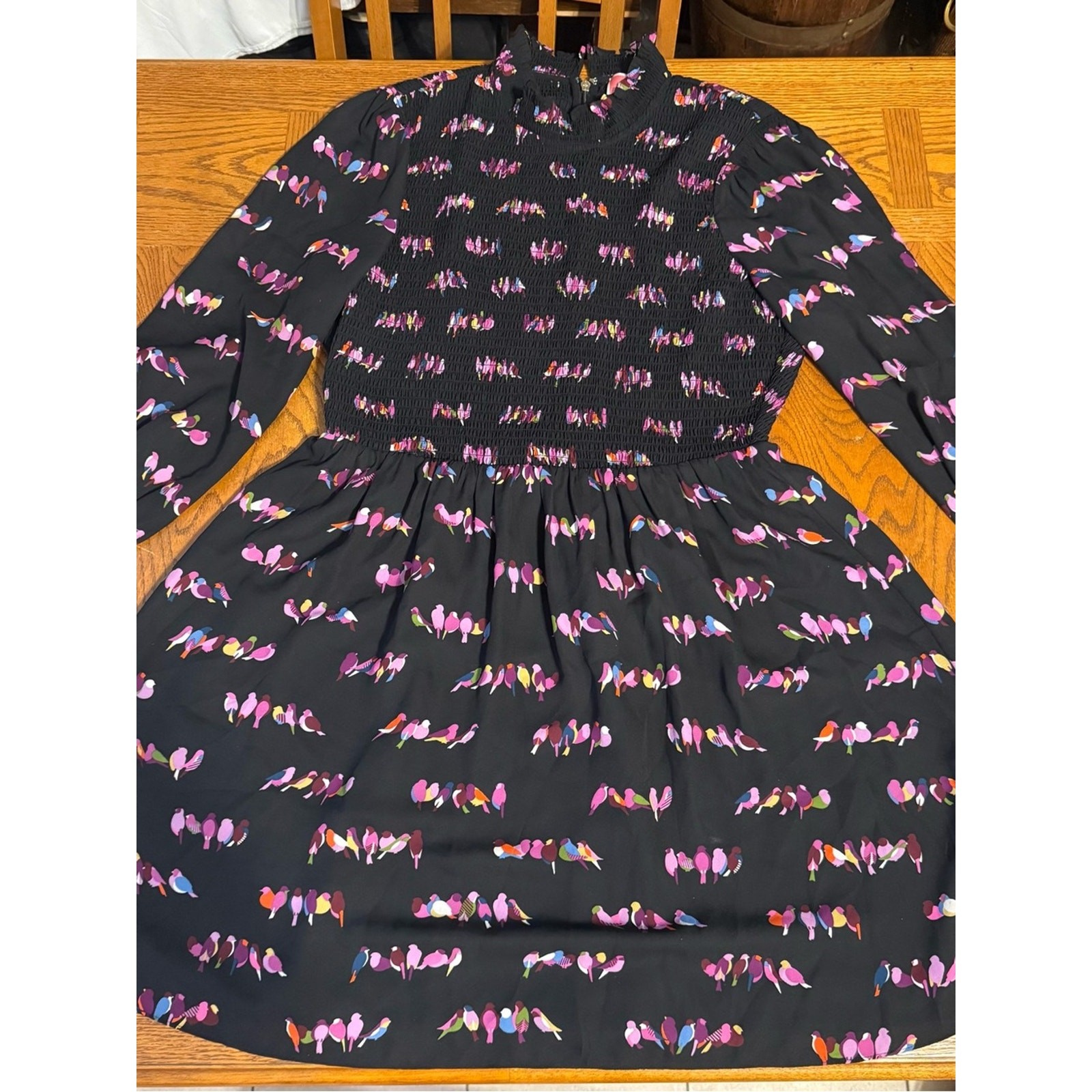 Kate Spade Love Birds Smocked Long Sleeve Knee Length Dress Sz 10