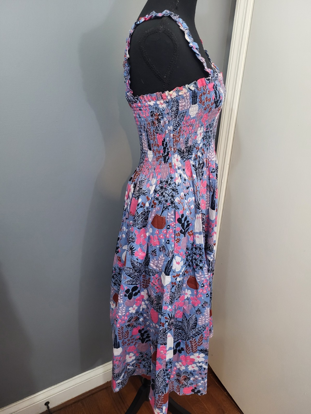 Kate Spade Garden Posy Smocked Midi Dress Blue Pink Cat Feline Women’s Size S