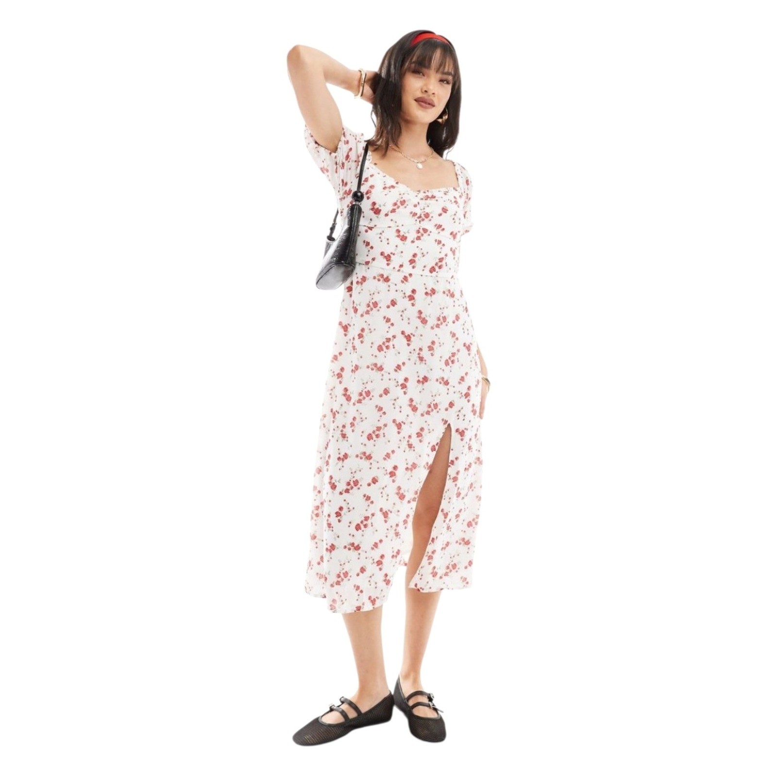 Hollister White Red Floral Sweetheart Milkmaid Puff Sleeve Midi Dress Women’s S