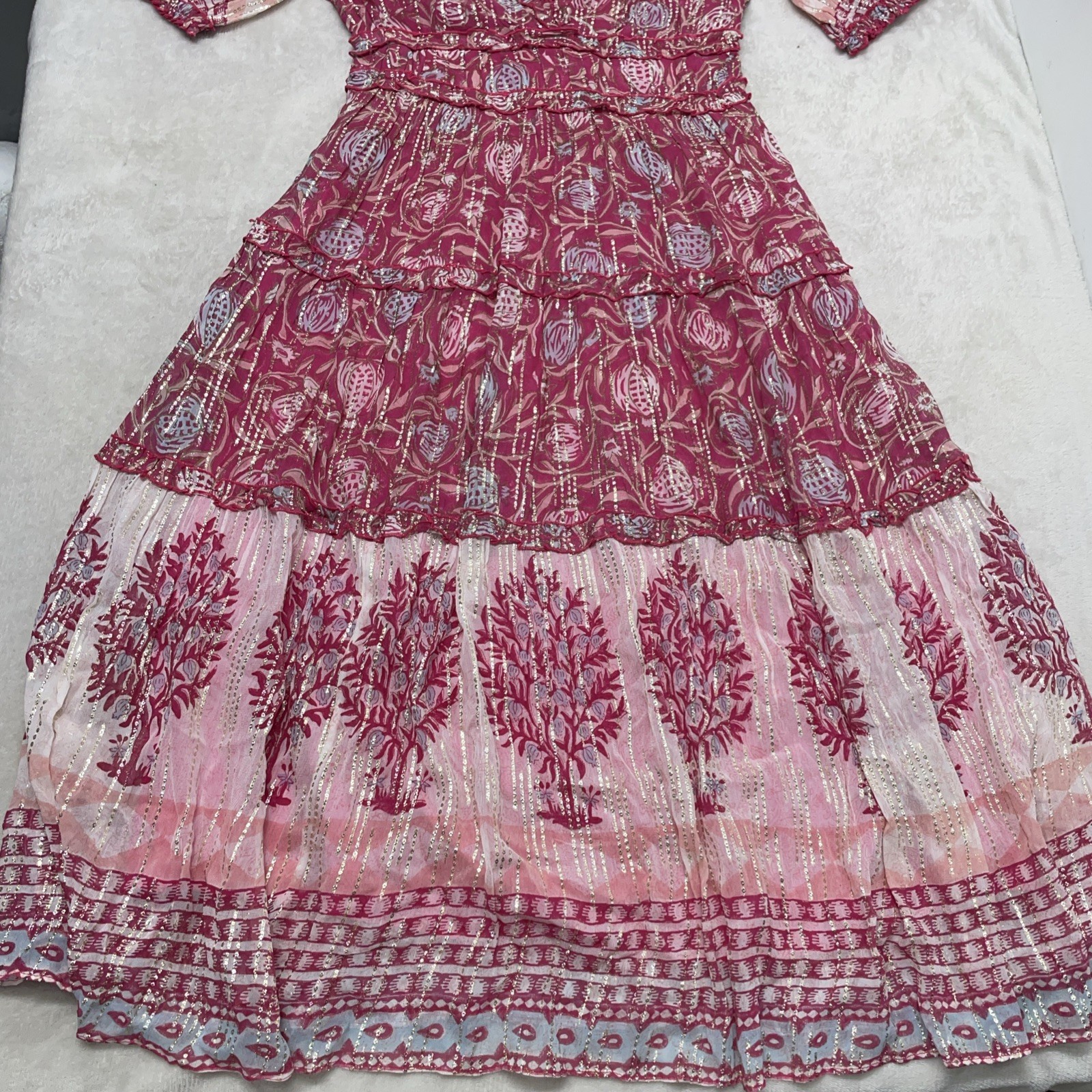 ASH & EDEN Tuckernuck Maxi Dress M Pink Gold Tiered Boho Hippie India Artsy NWT