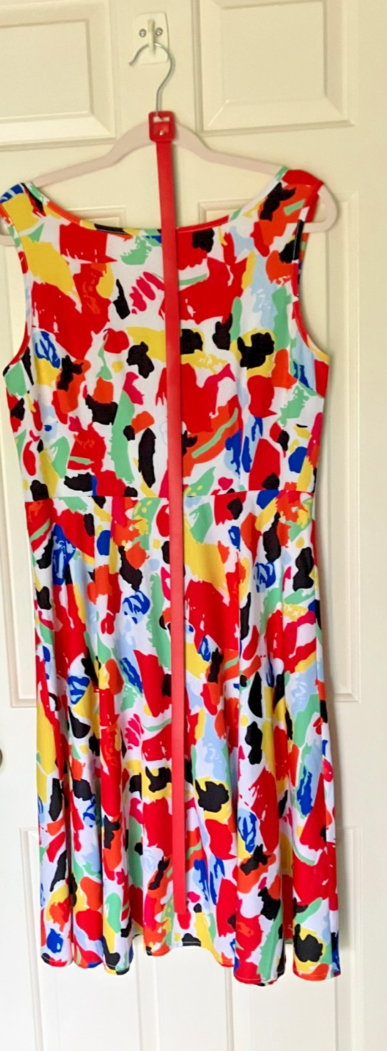 Multi Colored Fit and Flare Sleevless Dress with Swing Skirt and Belt