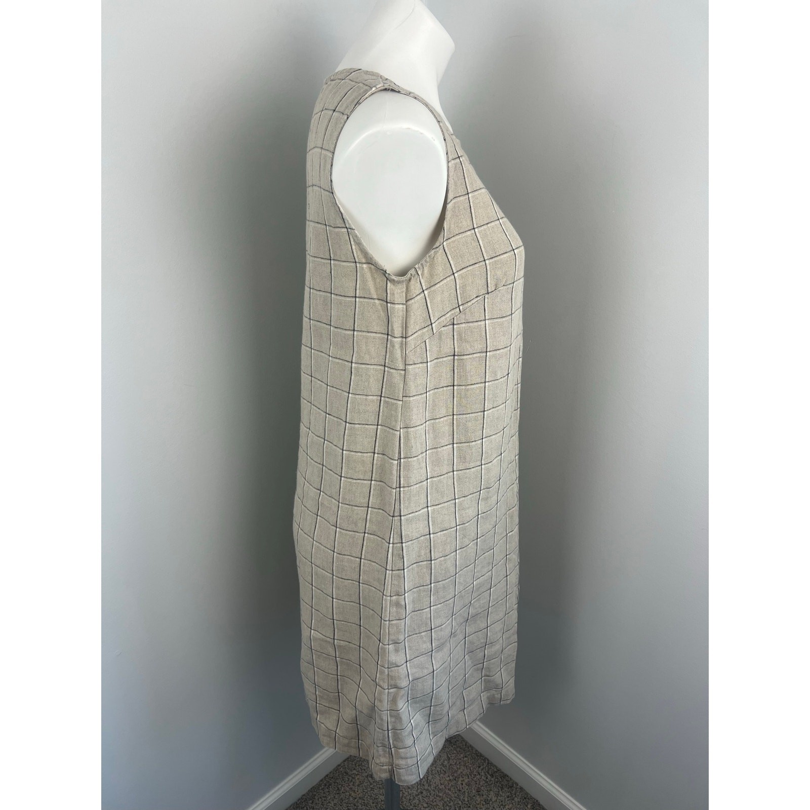 Linenfox Tan Black Check Print Sheath Dress Medium