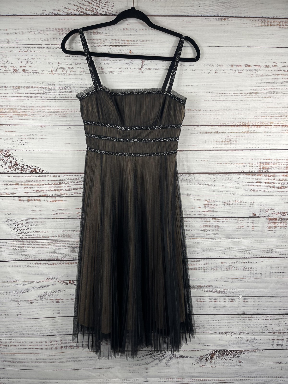 BCBGMAXAZRIA Dress Womens XS Black Tulle Beaded Strap Fit Flare Midi Cocktail