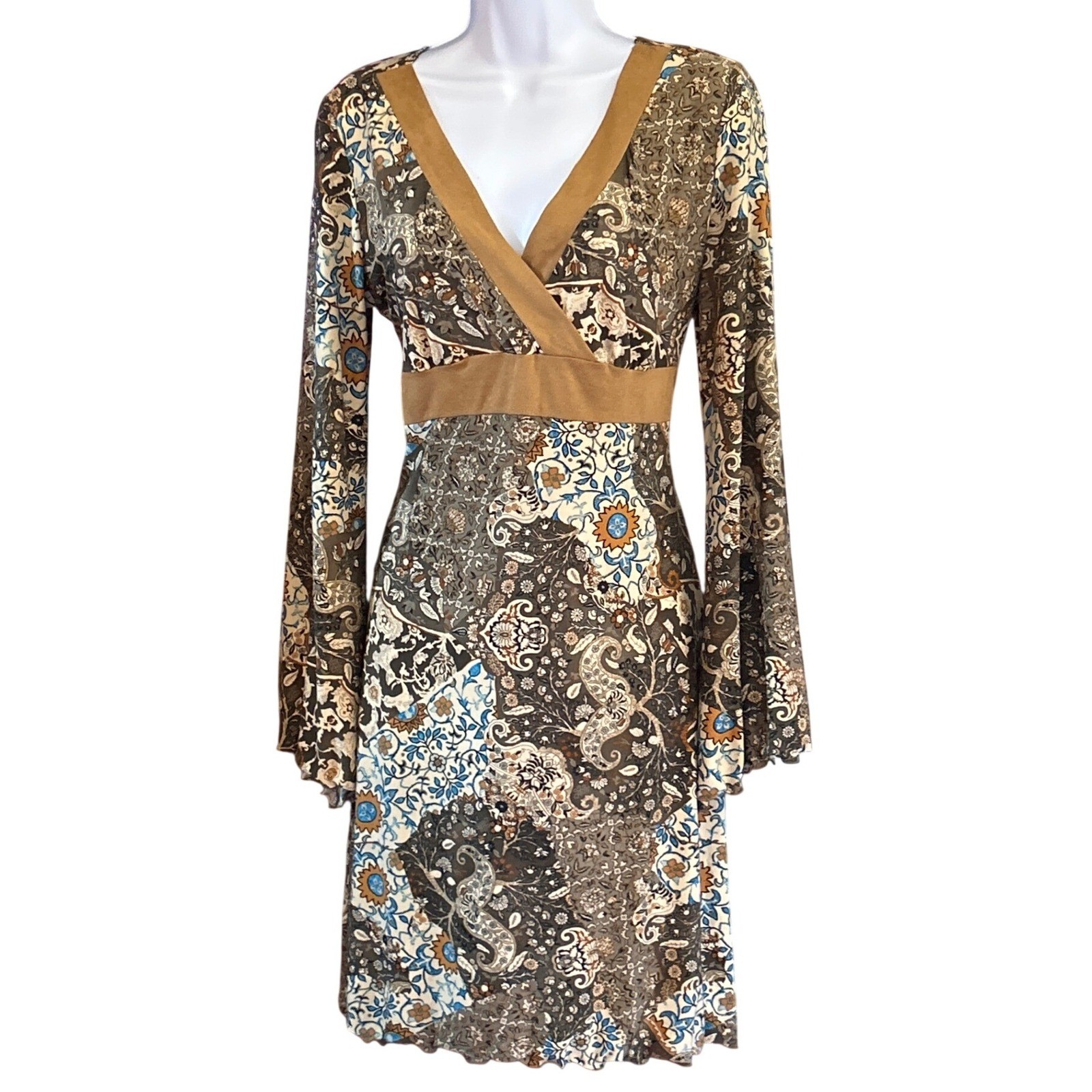 Vintage 90s California Concepts Paisley Bell Sleeve Dress Boho Retro Hippie Chic