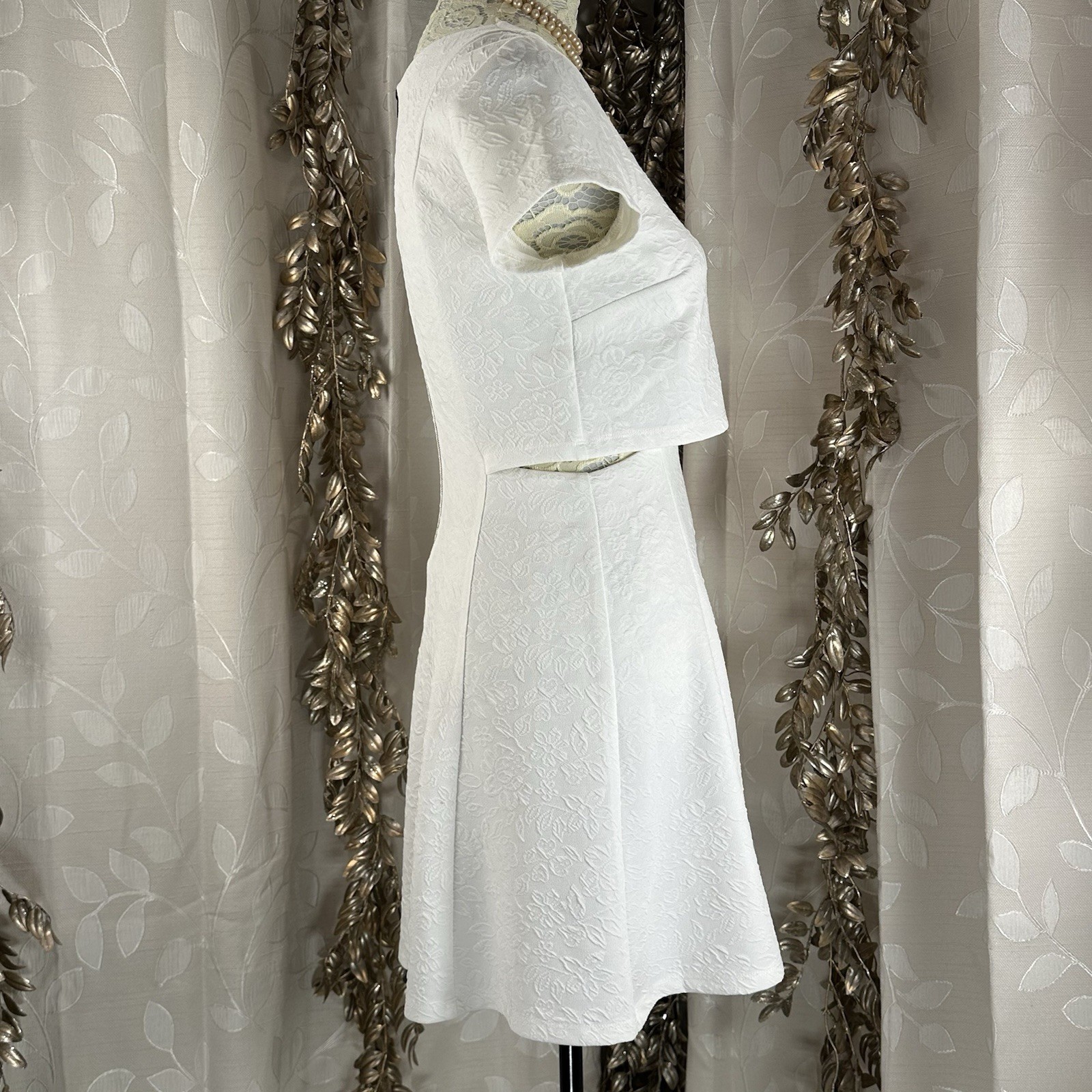 Hem & Thread White Jacquard Textured Fit & Flare Dress w/ Cutouts | Small