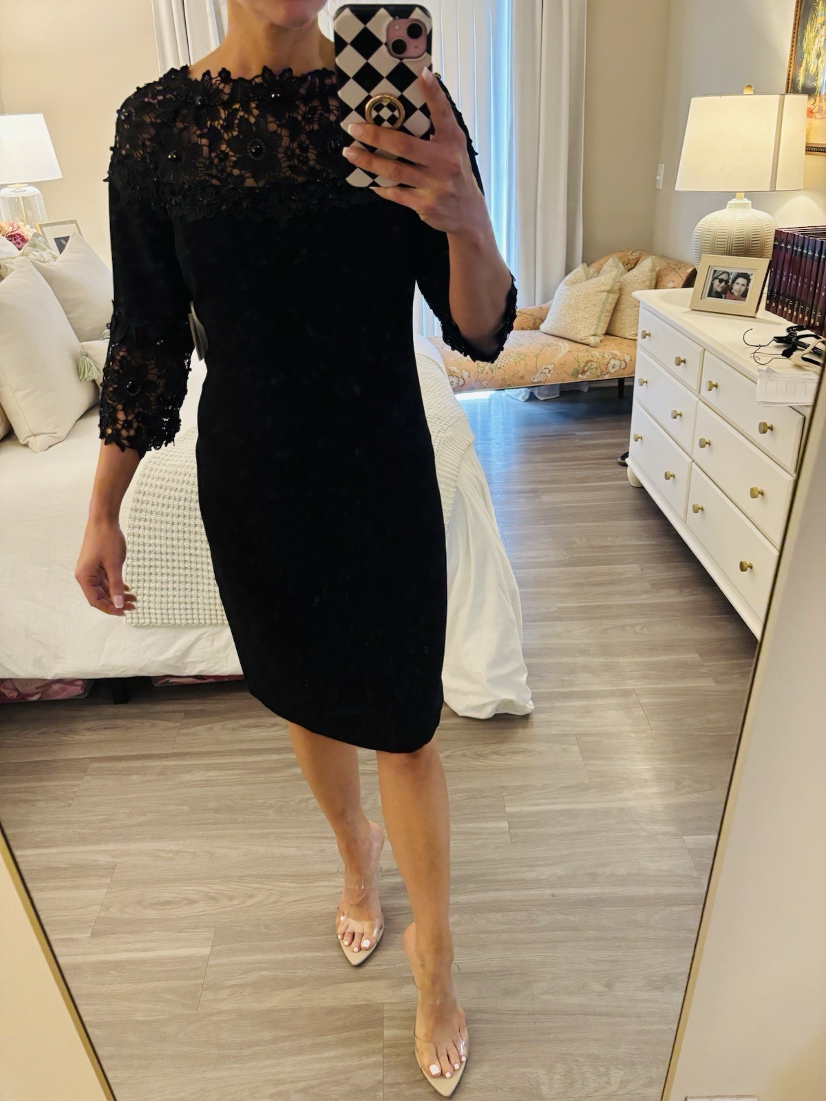 by SHANI Black Solid Lace Beaded Sheath Knee Dress 3/4 Sleeve Boat 10 S-670