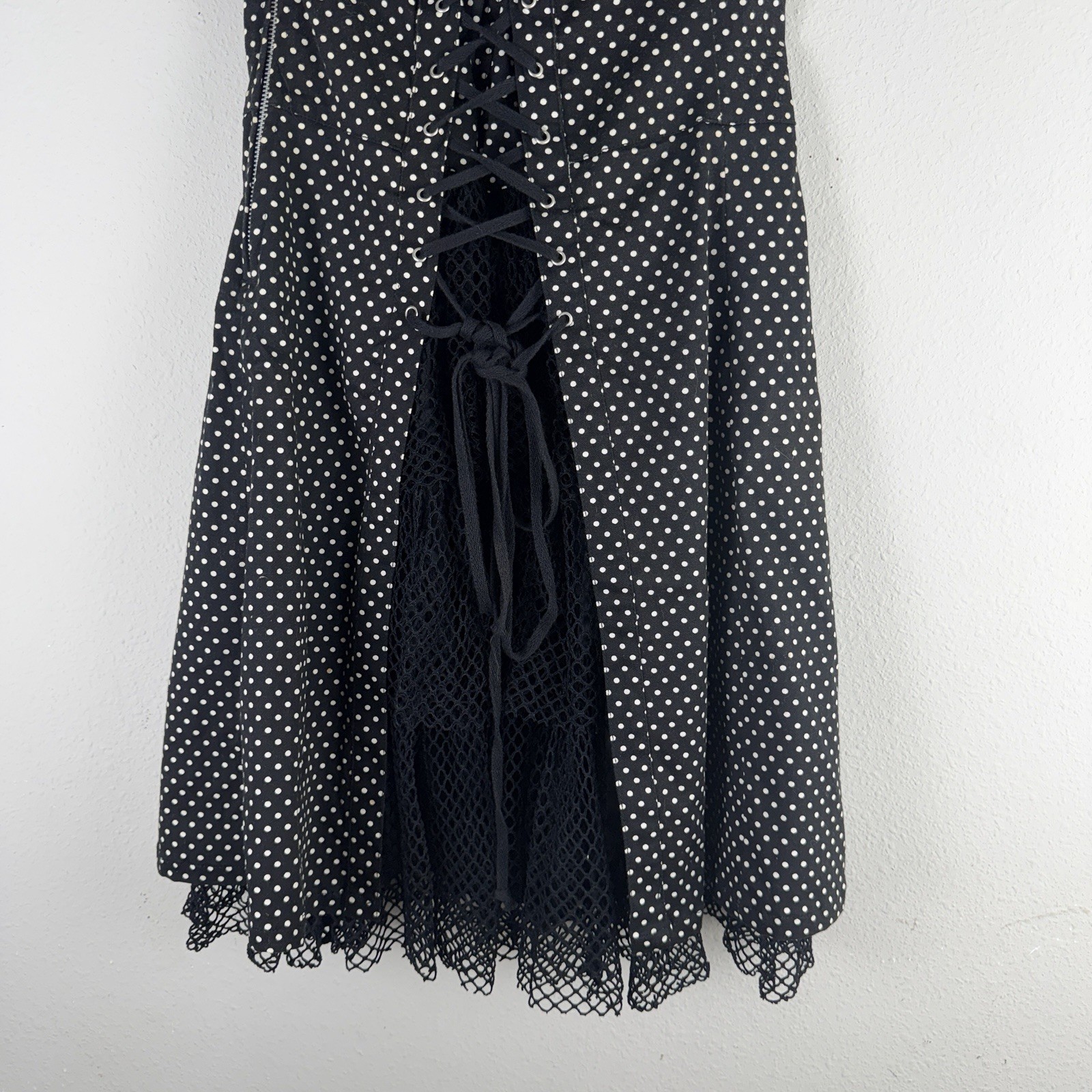 Vintage TRIPP NYC L Black Polka Dot Corset Lace Up Back Tulle Dress y2k Goth