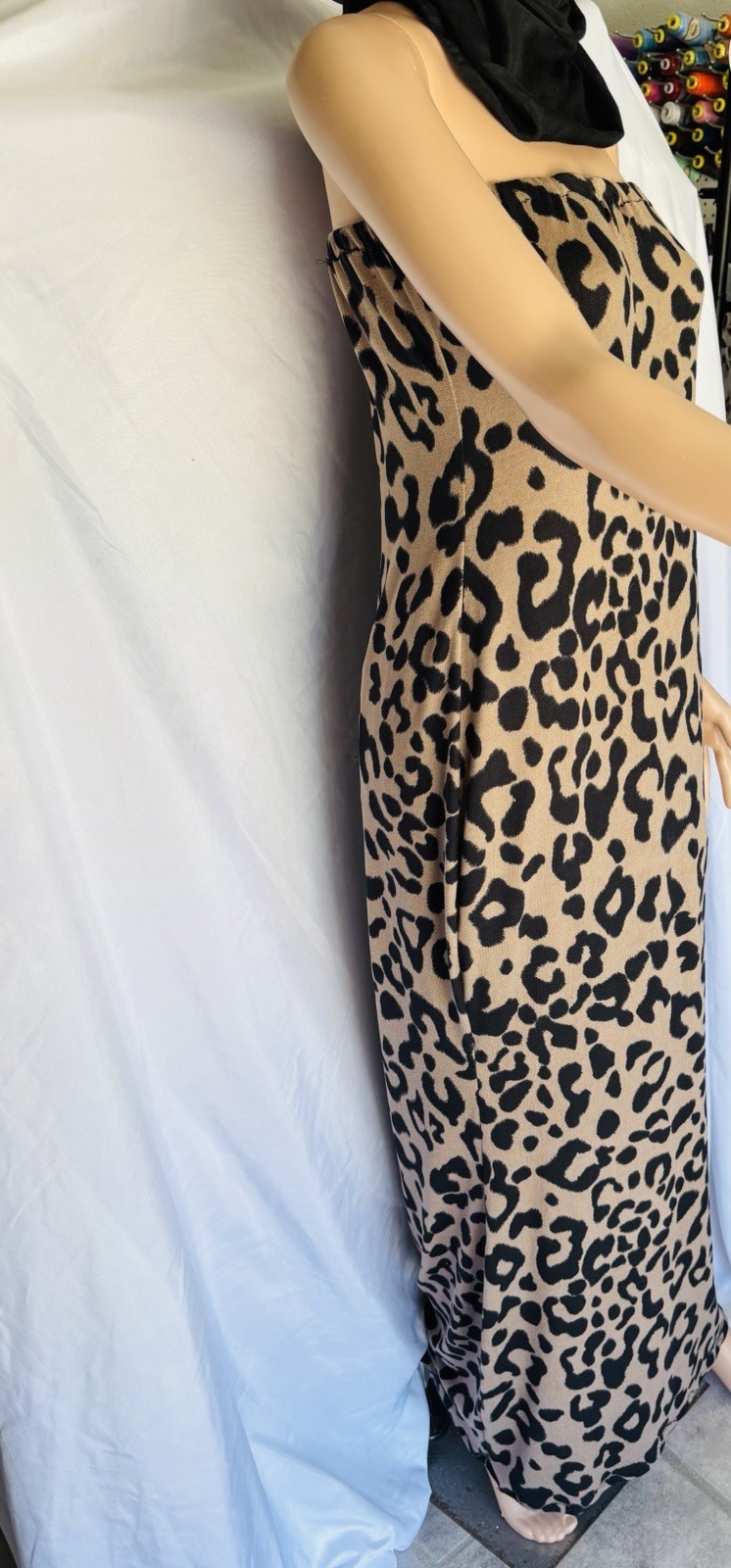 Women’s Strapless Leopard Print Maxi Dress Beige Black One Size Pullover