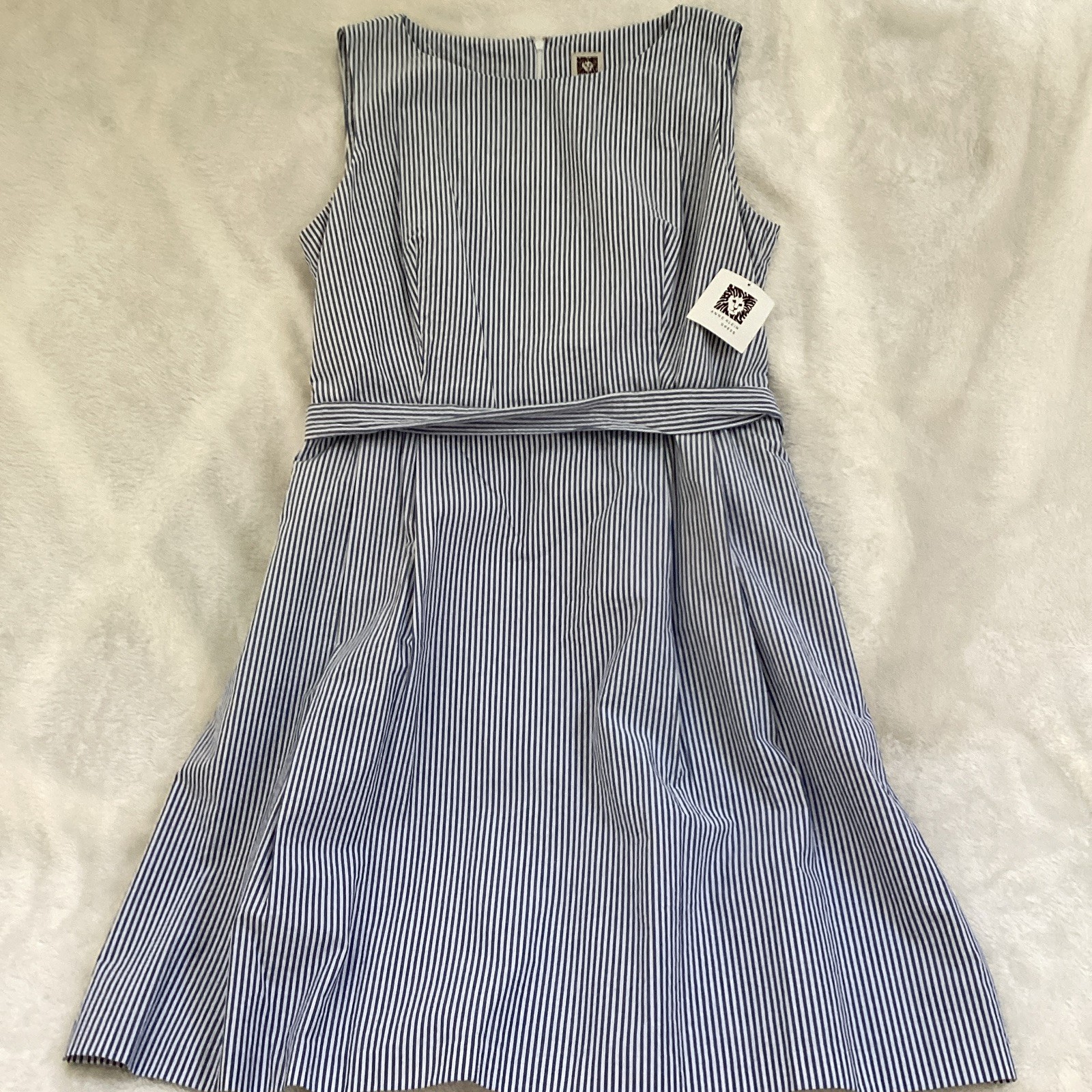 Anne Klein Blue White Striped Sheath Dress Sleeveless Scoop Knee 16 Zip