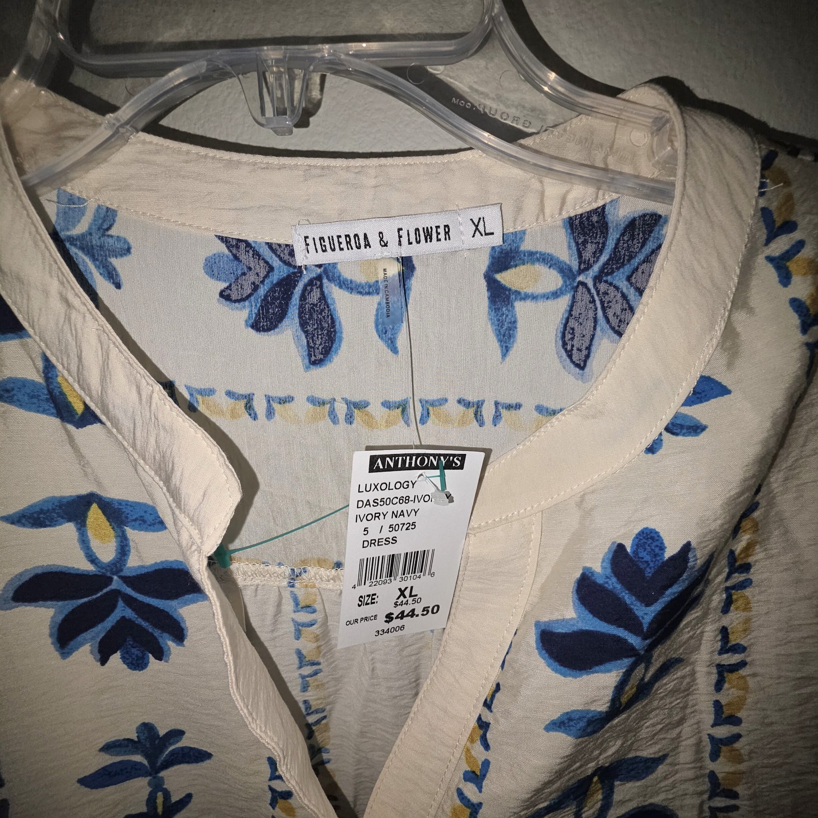 Figueroa & Flower Ivory Blue Floral A-Line Midi Dress V-Neck Puff 3/4 Sleeve XL