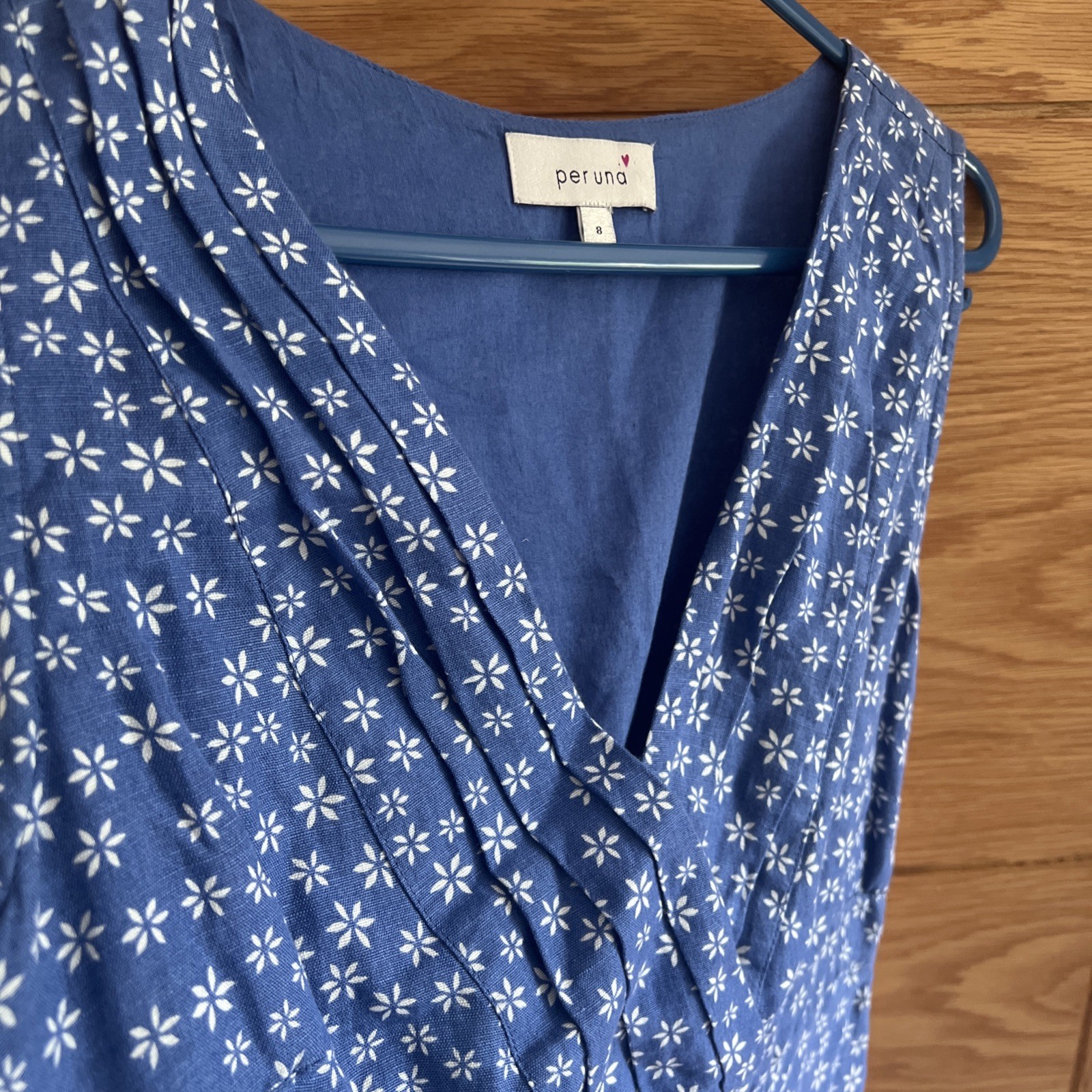 Per Una Dress UK 8 Blue White Floral Beaded Linen Cotton Blend Pockets Summer