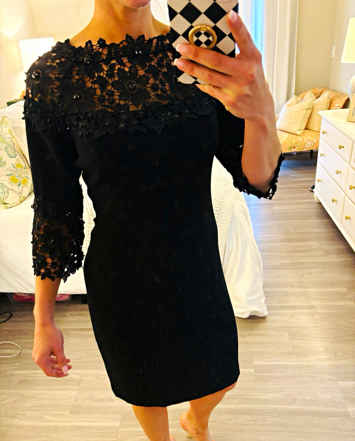 by SHANI Black Solid Lace Beaded Sheath Knee Dress 3/4 Sleeve Boat 10 S-670