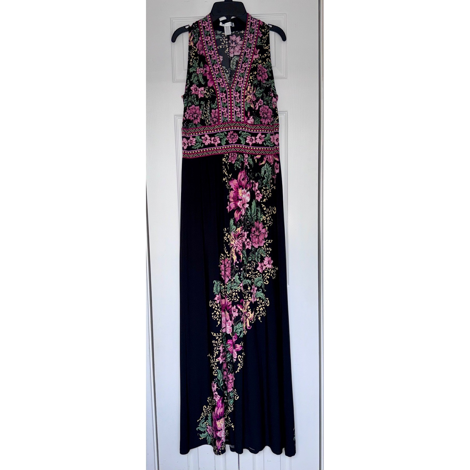 London Times Womens Black Pink Floral Border Print V-Neck Maxi Dress Size 8