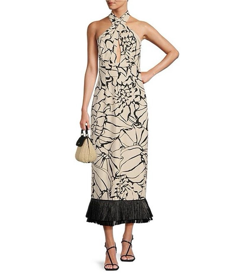 NEW Antonio Melani MG Style Sommers Dress Sz 6 Halter Fringe Linen Blend Long