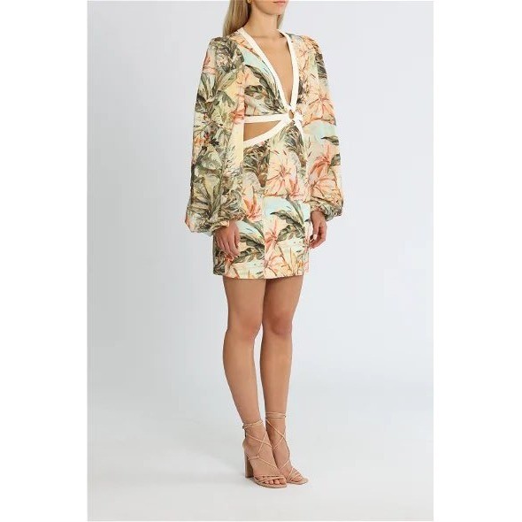 Significant Other Madrid Floral Cut Out Mini Dress V-Neck Balloon Sleeve Size 8