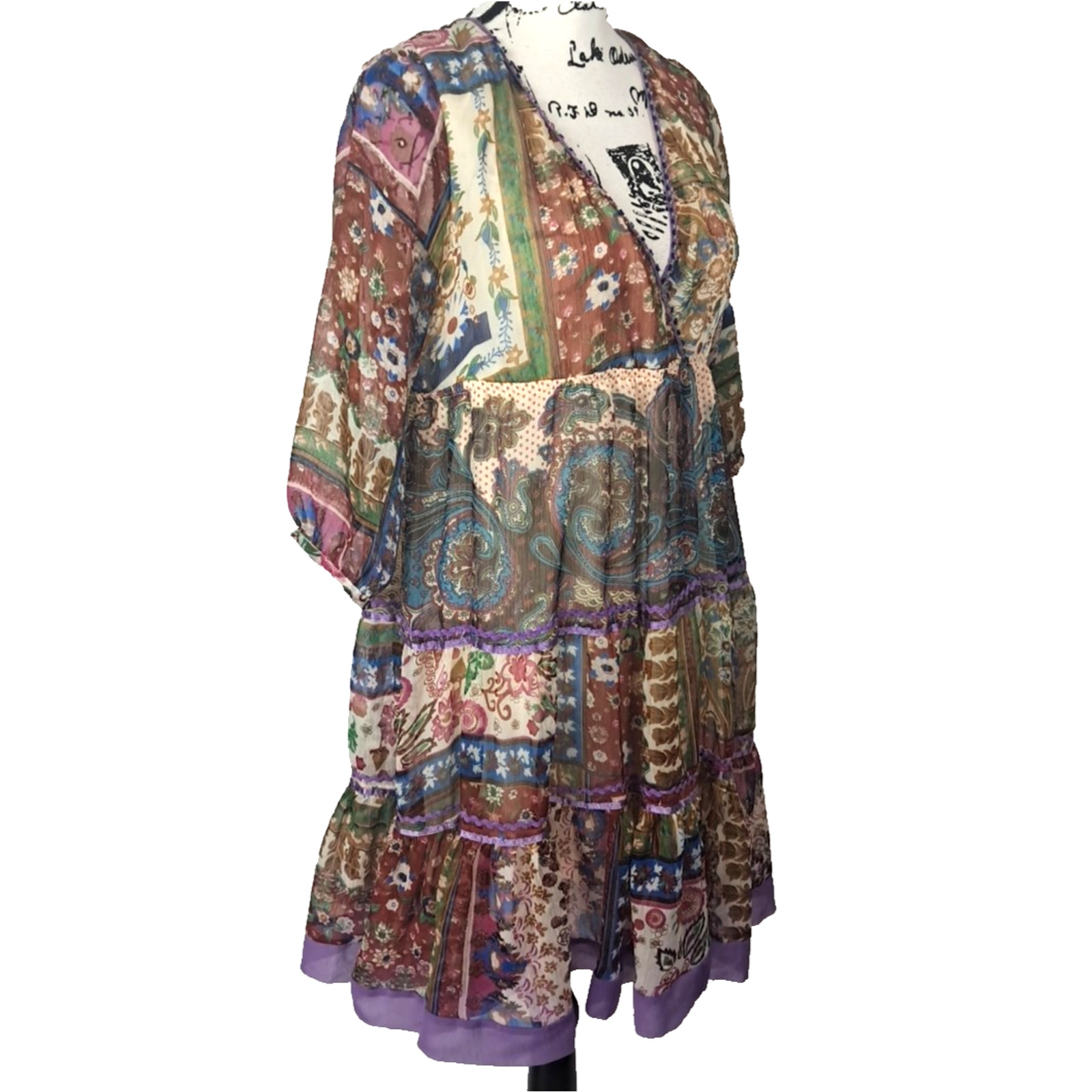 Babydoll Floral Sheer Patchwork Beaded Tiered Mini Dress Size M Purple Boho