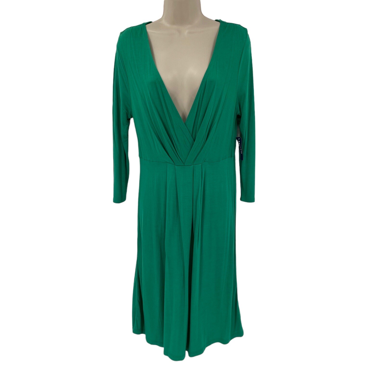 Old Navy Dress Medium Jersey Faux Wrap Green V-Neck 3/4 Sleeve Casual At Knee