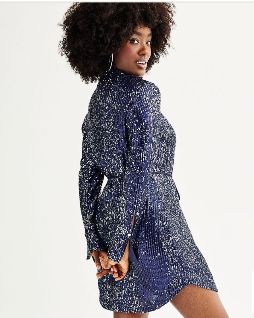 $69 Intempo Women’s-Sequin Button Up Dress-Navy Sparkly -Medium-New With Tag