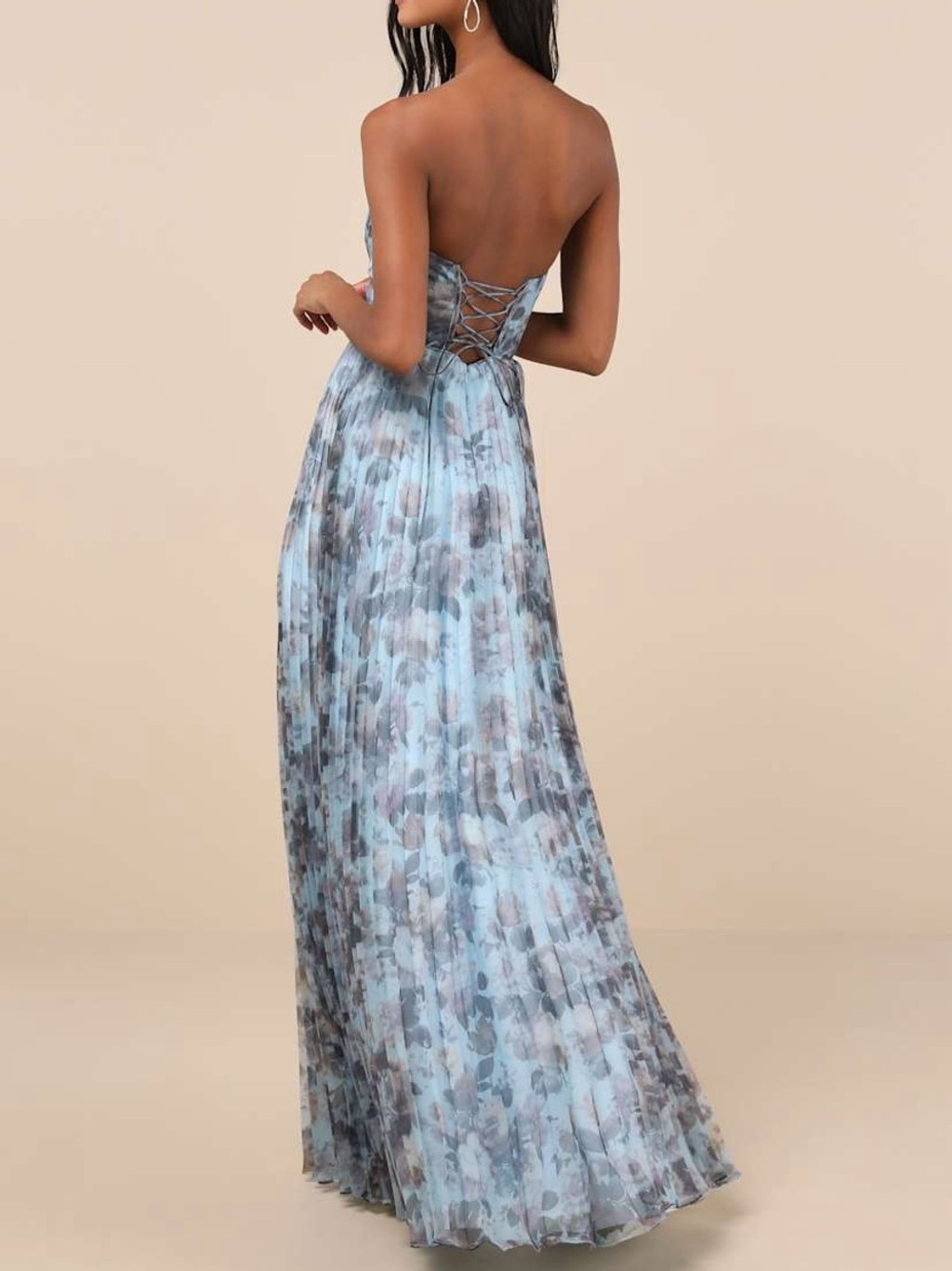 Lulu’s Strapless Blue Floral Pleated Organza Gown Most Beautiful Day Maxi Dress