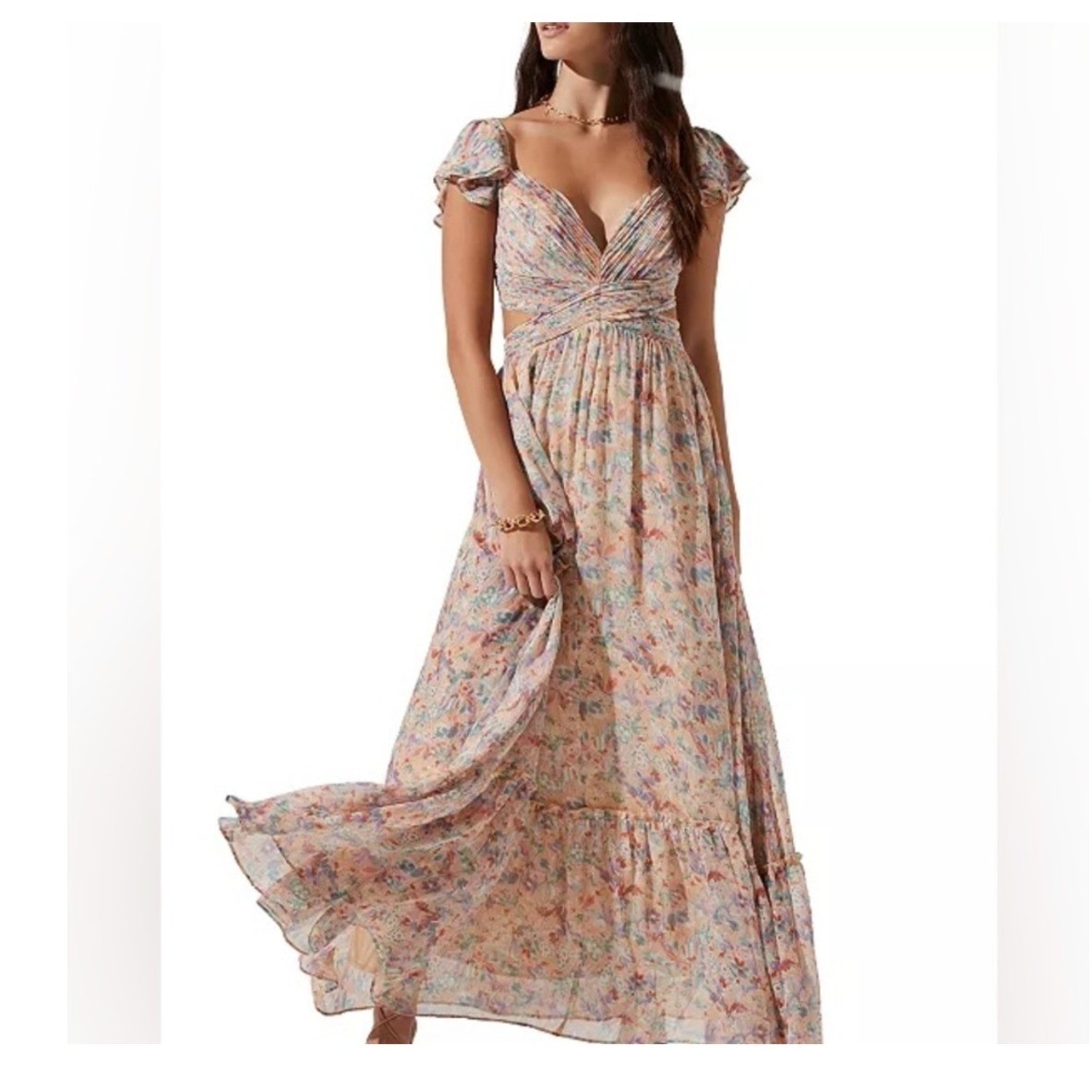 NWT ASTR The Label Primrose Floral Strappy Back Maxi Dress Medium Peach Cut Out