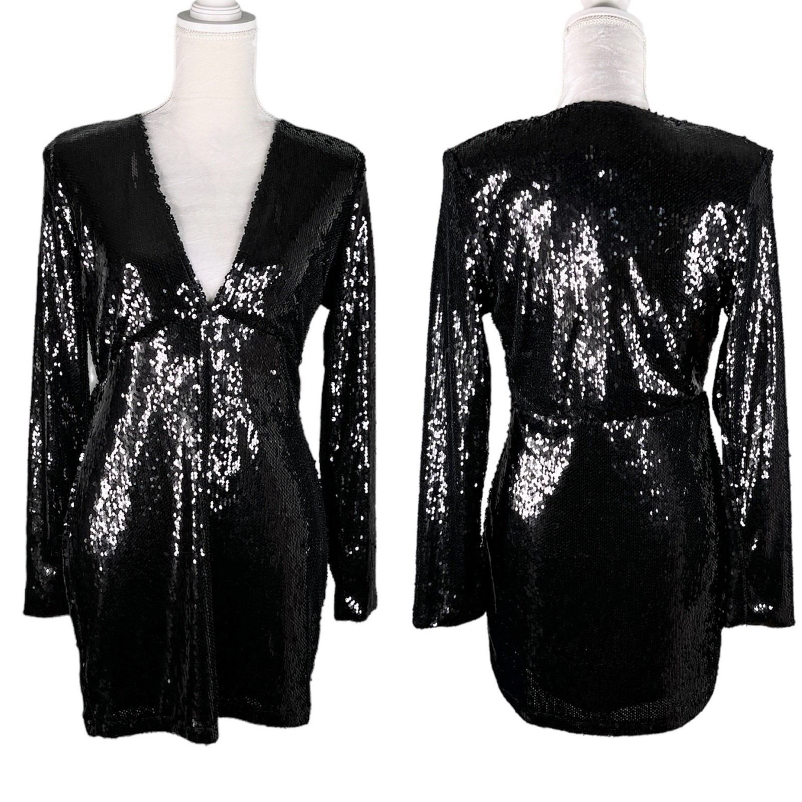 Motel Melana Plunge Neck Bodycon Sequin Dress Black Medium New