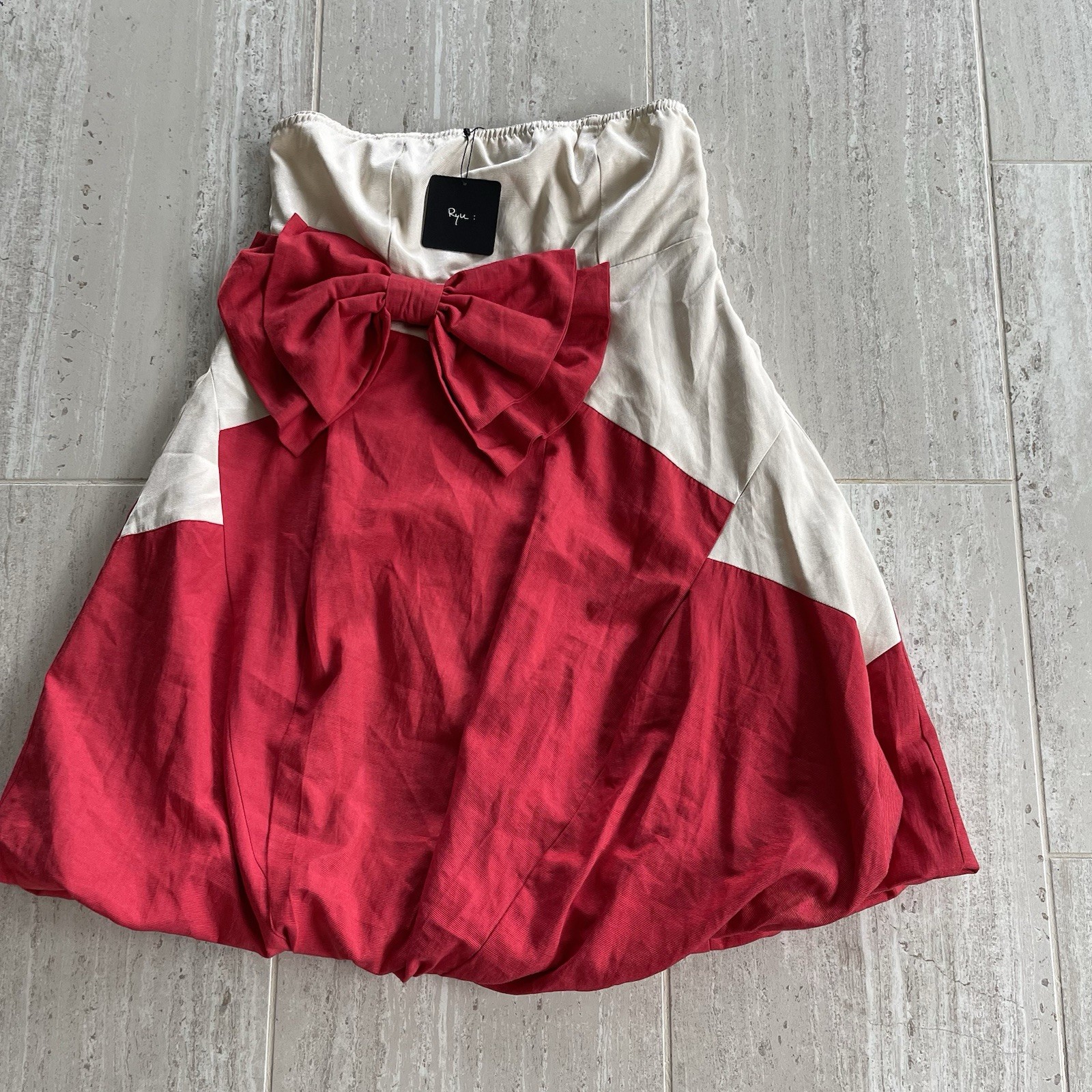 RYU Strapless Dress Red Cream Colorblock Bow Detail 70% Cotton Fit & Flare NWT