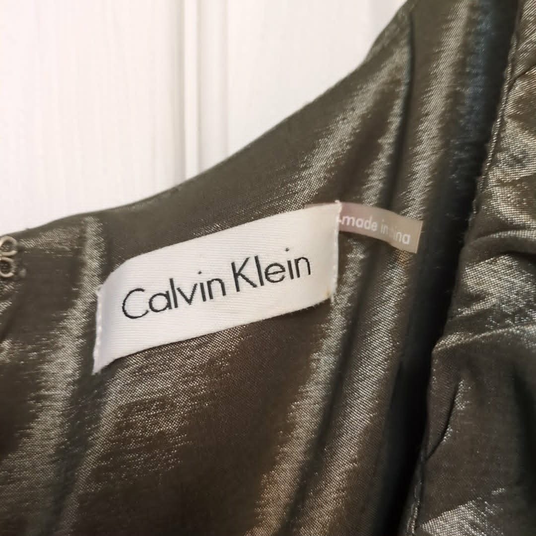 Calvin Klein Ruched Green Sheath Dress Sz Large Satin Bodycon Stretch SemFormal