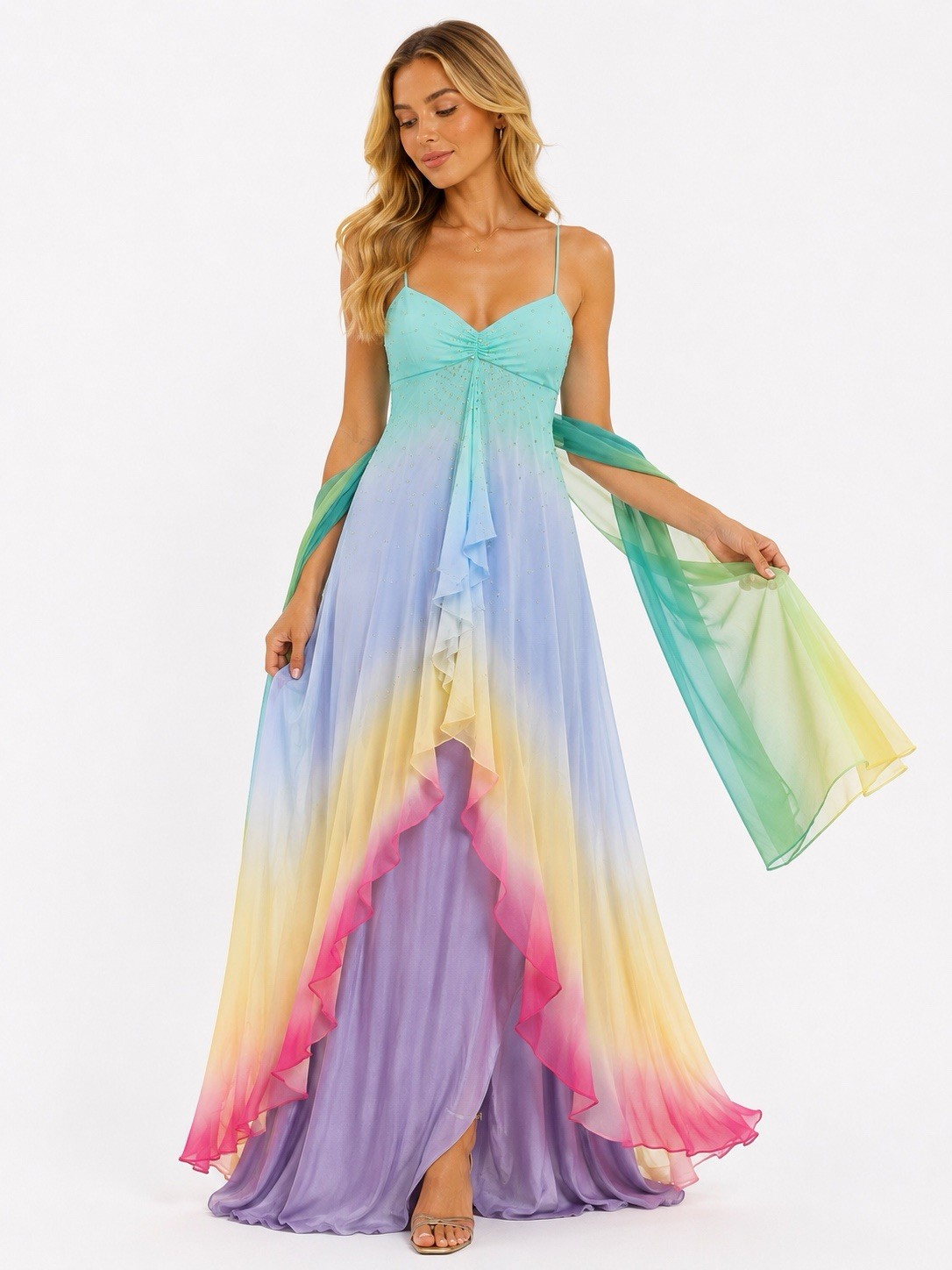 Jovani Silk Dress Women’s Size 6 Rainbow Fairy Beauty Unicorn Sparkle 100% Silk