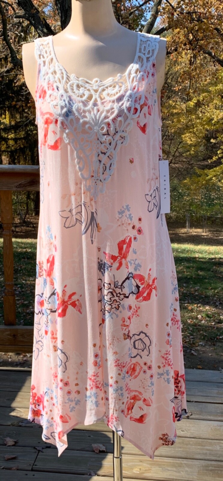 TRIBAL Clothing Ladies Sun Dress Lace Chest Appliqué Flowing Pink & Blue Floral