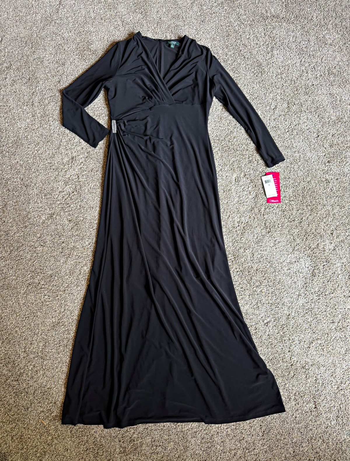 Lauren Ralph Lauren Black Long-Sleeve Maxi Evening Gown Dress Sz 14 NEW Crystal