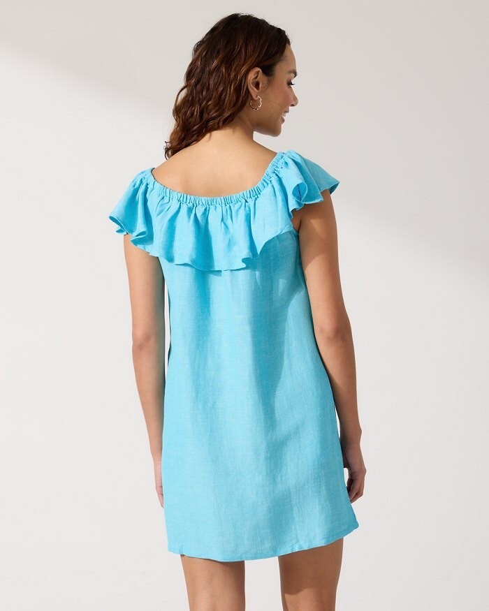 NEW Tommy Bahama Blue Linen Blend Off Shoulder Dress with Pockets Size XS