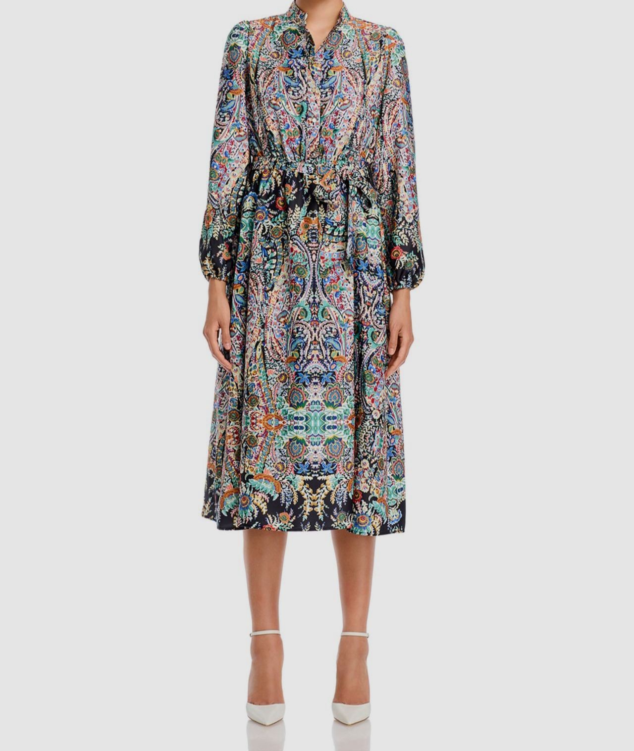 T Tahari Women’s Green Garden Mandarin Collar Long Sleeve Self Tie Dress Size L