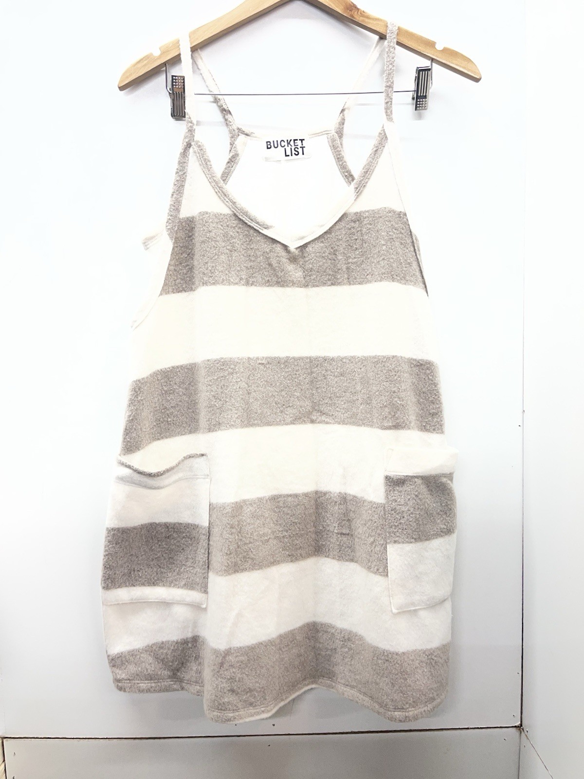 Bucket List V-neck Taupe and White Striped Mini Romper Dress Size S EUC Summer
