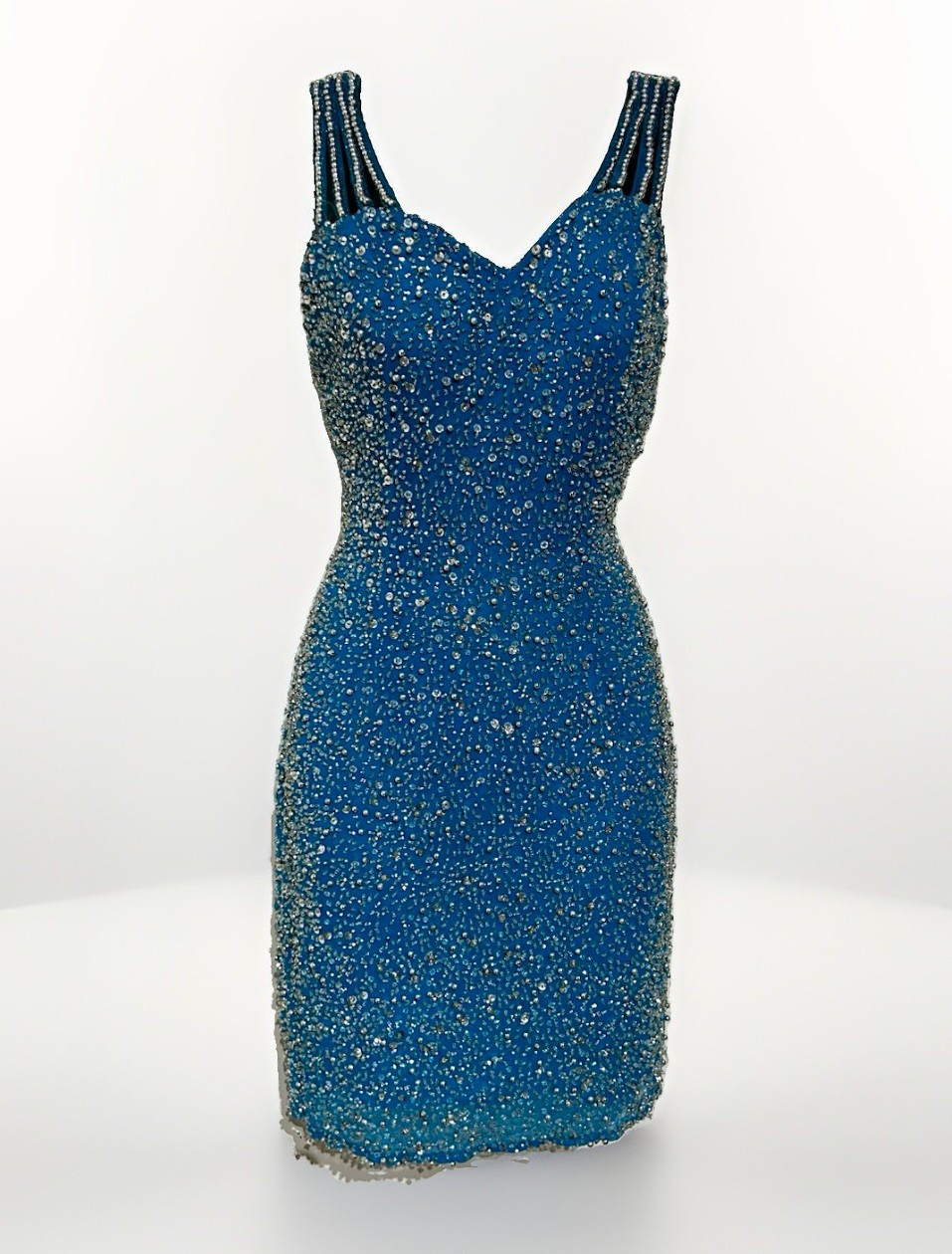 Sho Max Originals Women’s S Blue Silk mini dress Beaded Rhinestone Dress