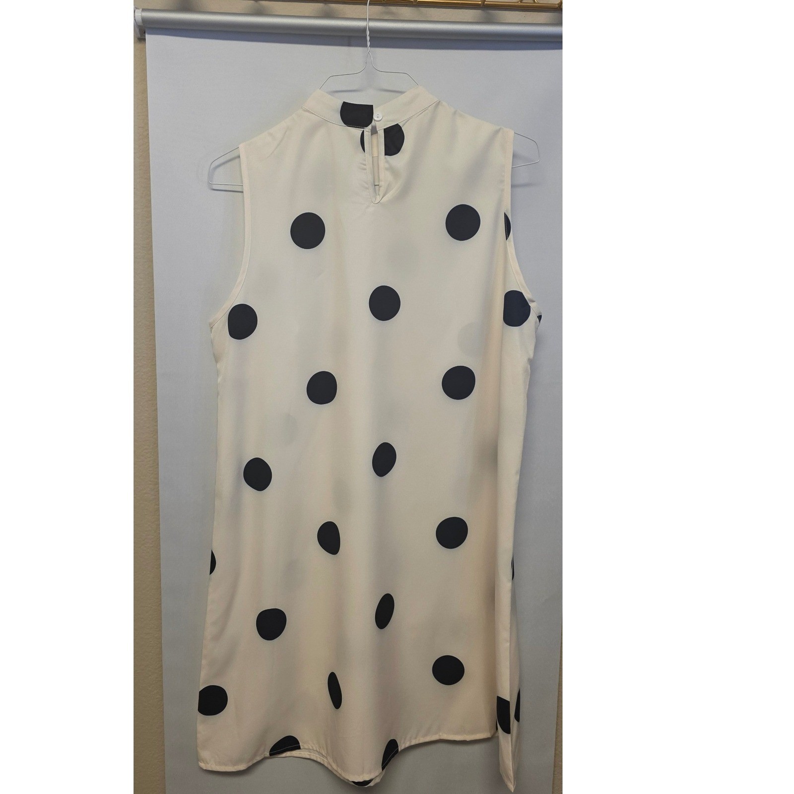 Womens XL Cream/Black Polka Dot Mock Neck Sleeveless Shift Dress Keyhole Back