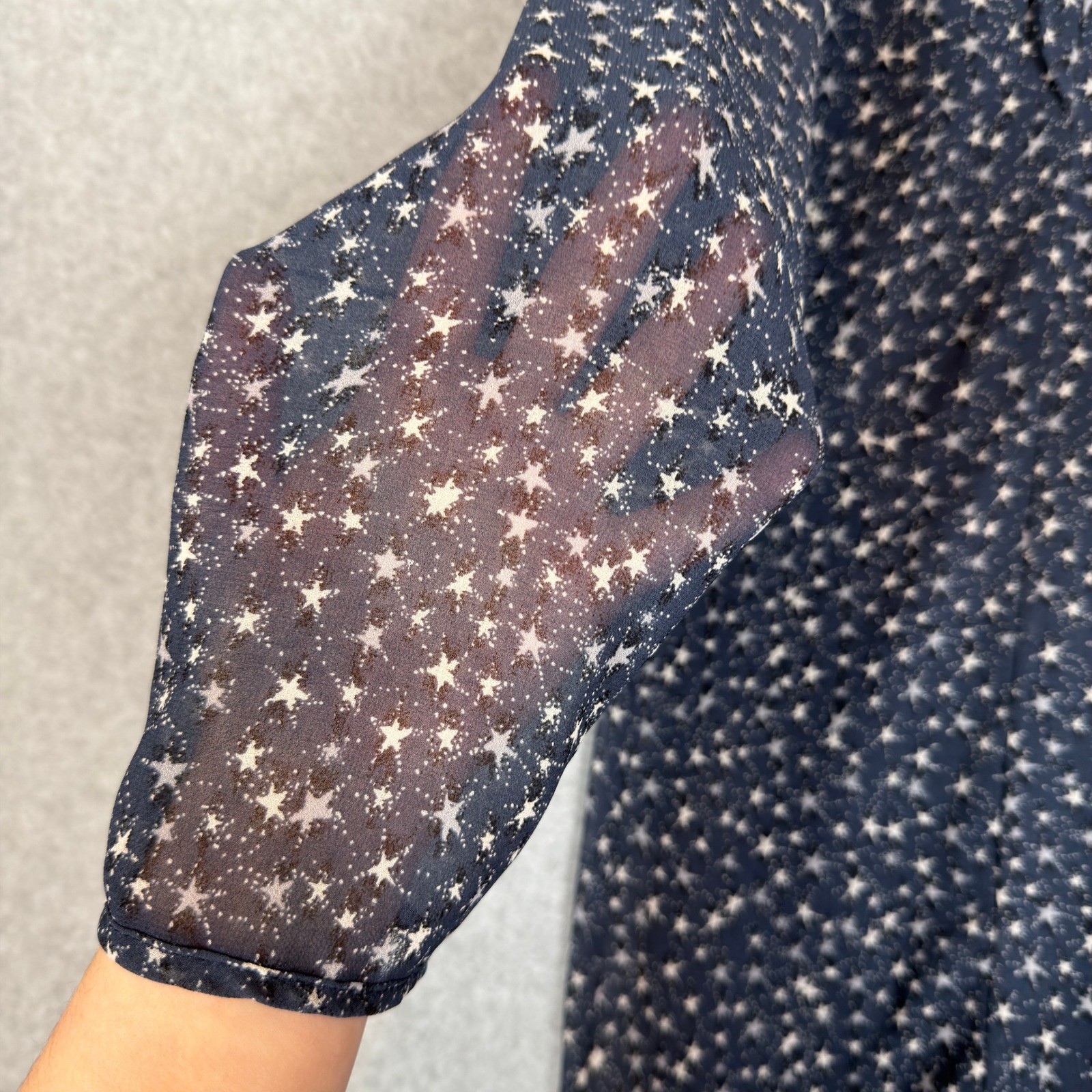 BCBGeneration Size S Navy Star Print Sheer Long Sleeve V Neck Mini Dress