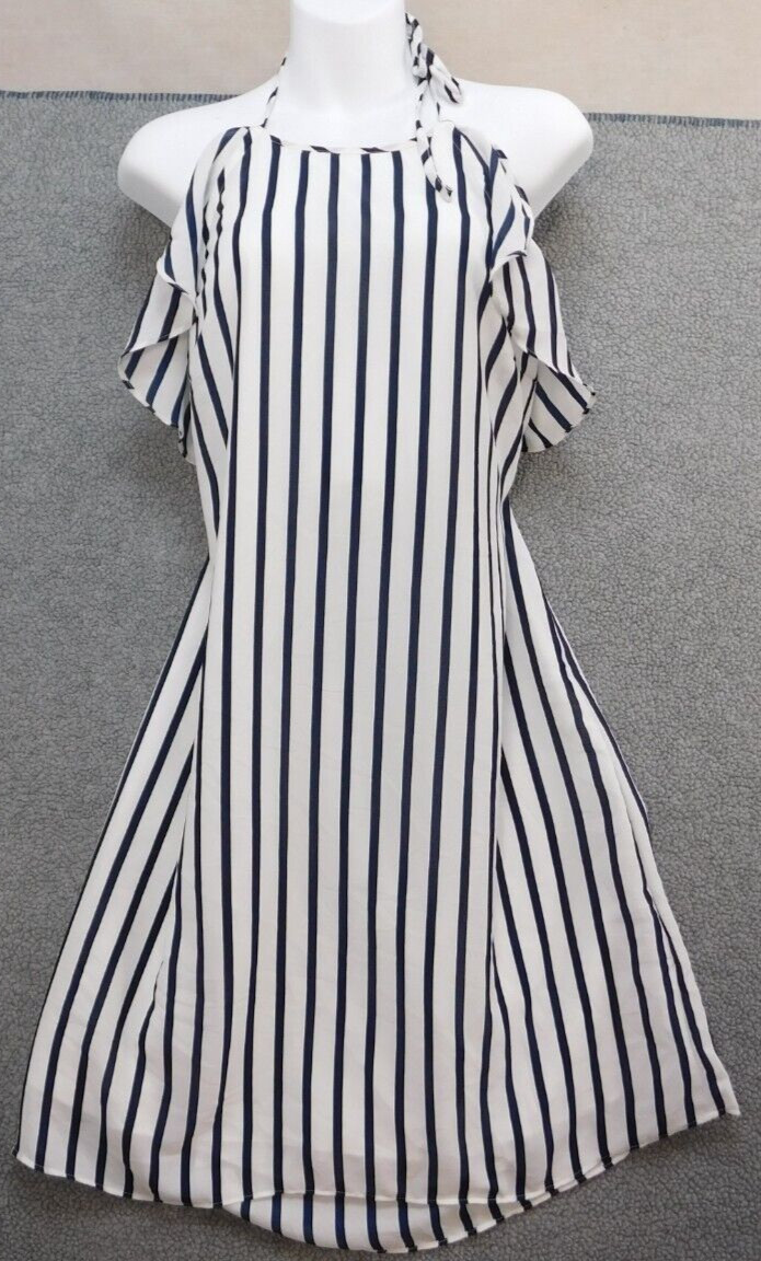 J Crew Striped Halter Ruffle Tank L Navy White Shift Mini Summer Dress J0861 NWT