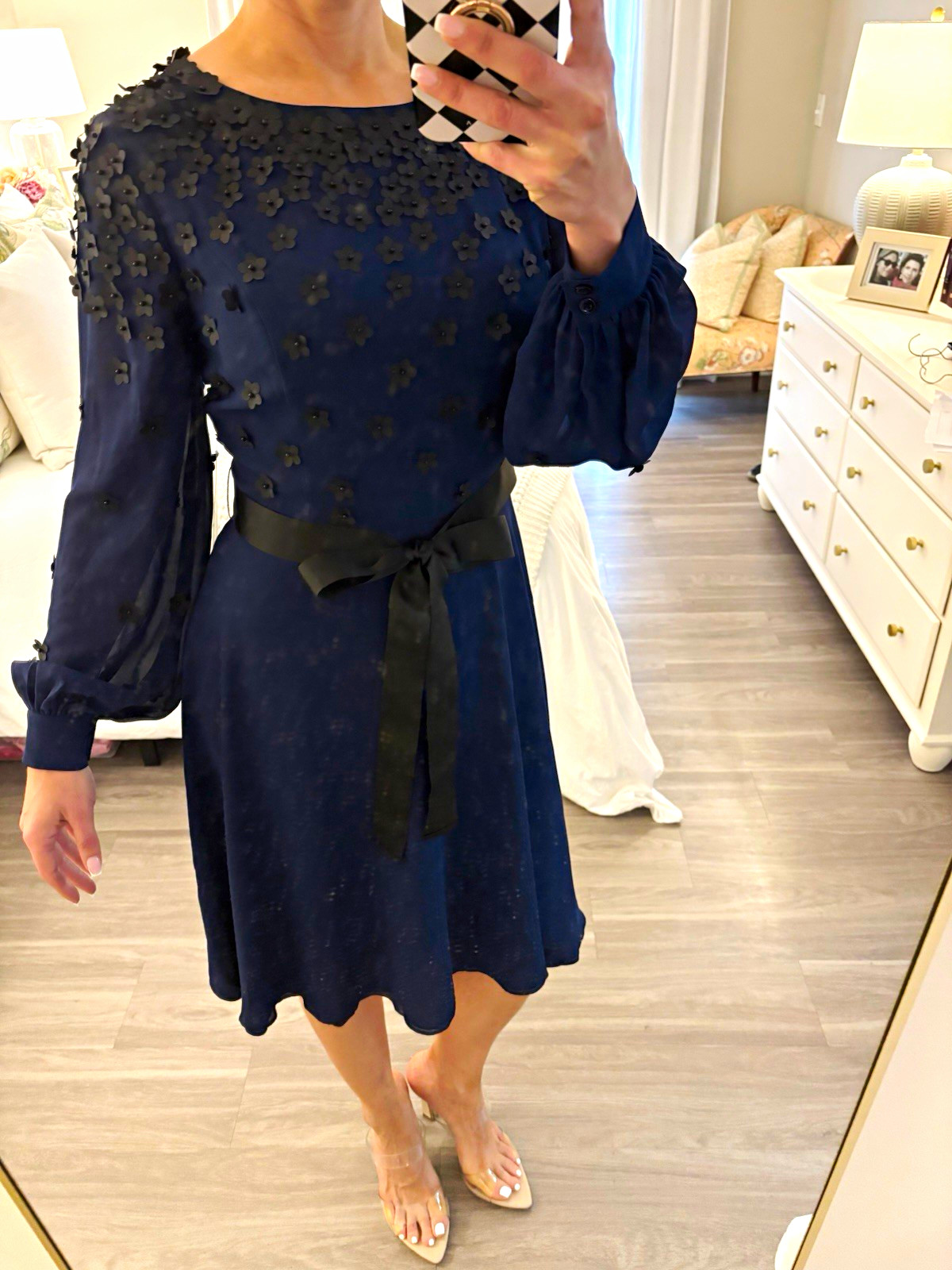 SHANI Blue/Black Floral Fit & Flare Knee Dress LS Boat Neck Bow 8 S-2234