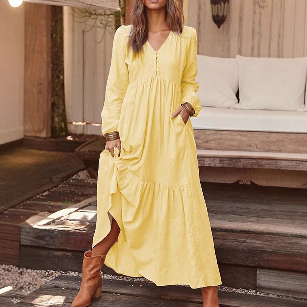 Spring Autumn Plus-Size Women Casual Loose Cotton Linen V-neck Kaftan Dress