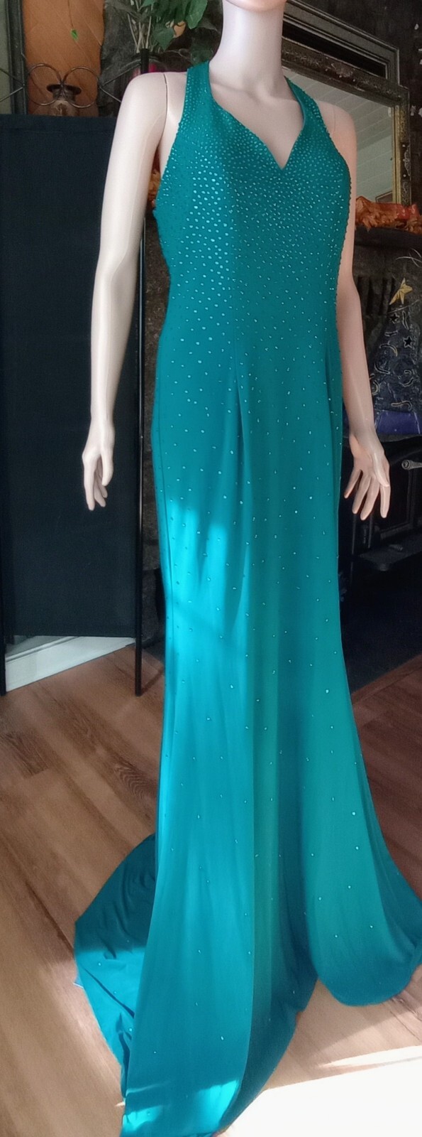 Abby Paris Full Length Teal Gown Rhinestones NWT Size 10 Mermaid Ariel Halloween