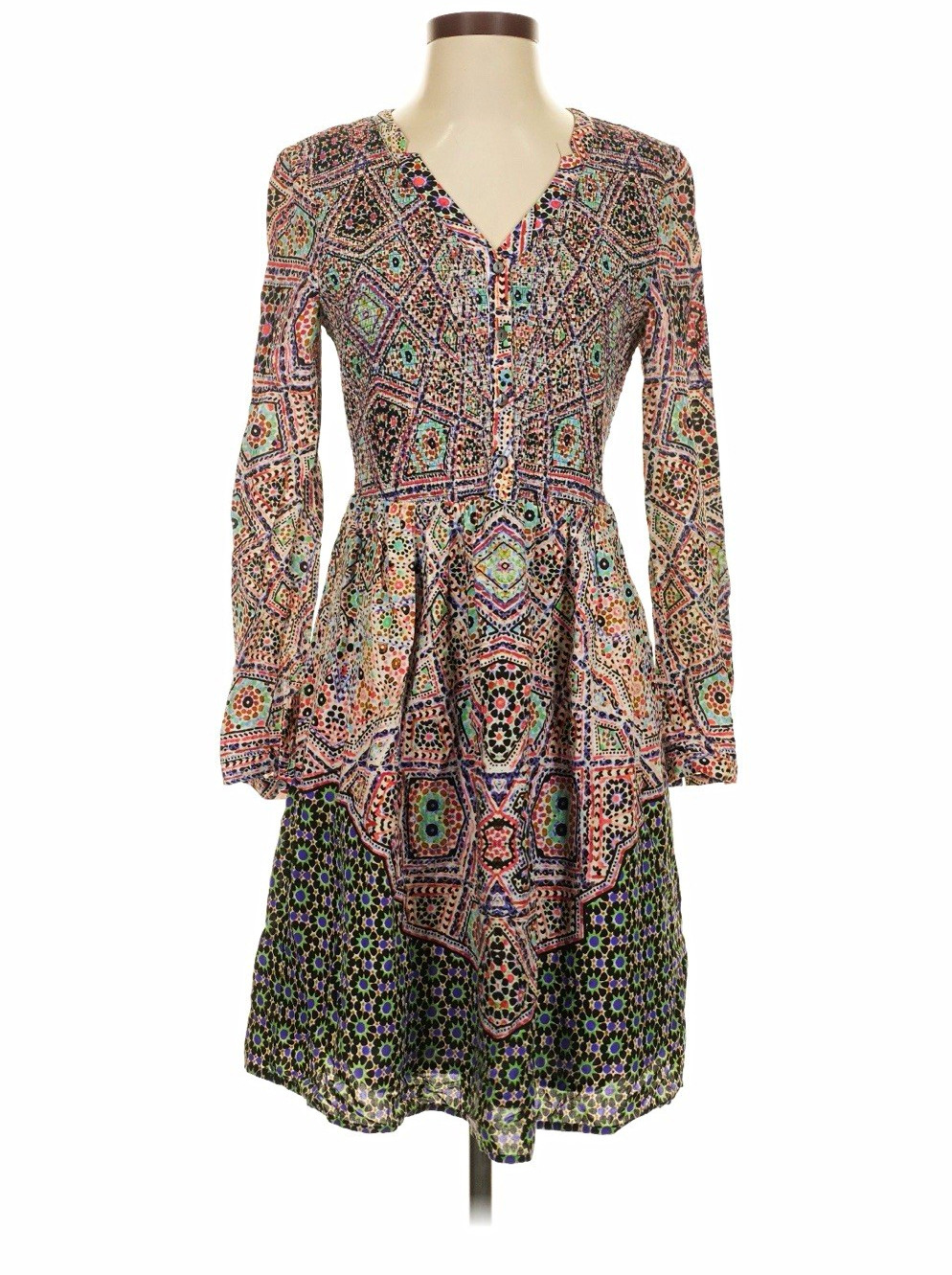 Maeve Multicolor Geometric V-Neck Smocked Long Sleeve Short Fit & Flare S